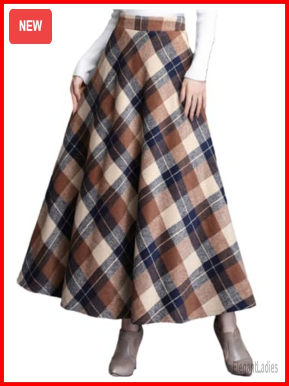 Women's Plaid Wool A-Line Long Maxi Skirt High Waist Pleated Winter
